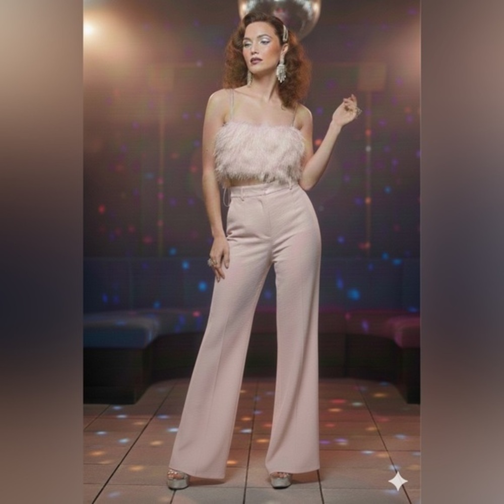 NWT Rare HOH Baby Pink Crepe High Waist Wide Leg Pants/Feather Top Outfit Set 8